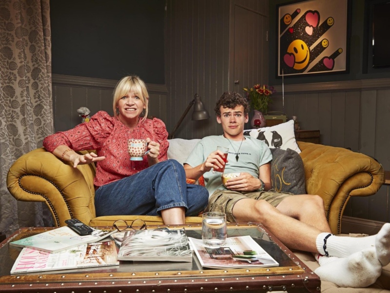 Zoe Ball and her son Woody Cook pictured sat on a sofa for TV show: Gogglebox
