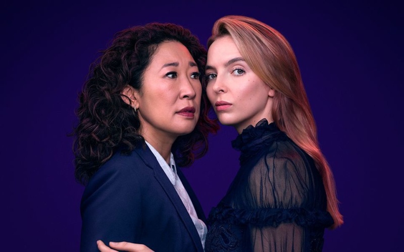 Sandra Oh and Jodie Comer photographed facing each other in this promotional photo for BBC television drama: Killing Eve.